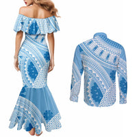 Bula Fiji Classic Masi Tapa Couples Matching Mermaid Dress and Long Sleeve Button Shirt Turquoise LT7 - Polynesian Pride