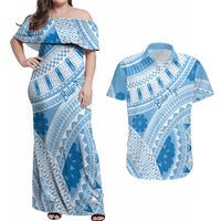 Bula Fiji Classic Masi Tapa Couples Matching Off Shoulder Maxi Dress and Hawaiian Shirt Turquoise LT7 Turquoise - Polynesian Pride