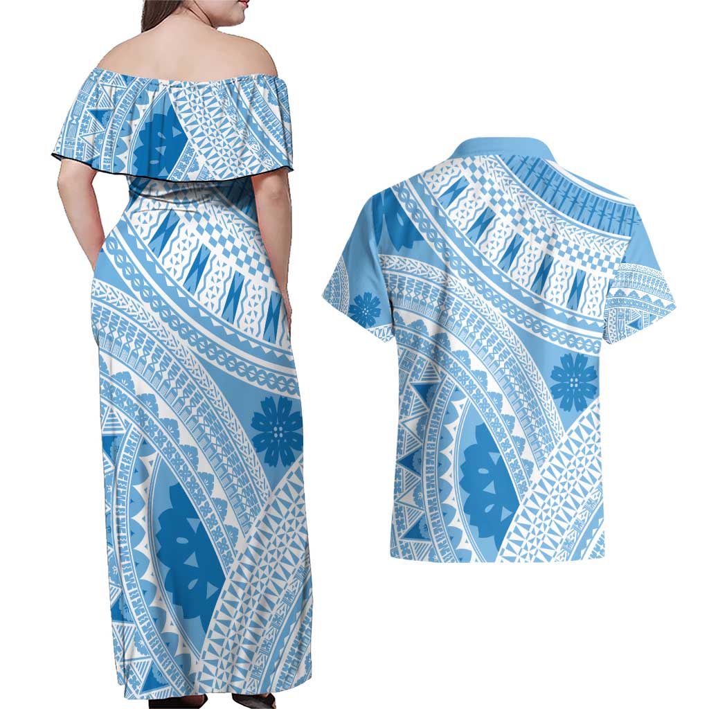 Bula Fiji Classic Masi Tapa Couples Matching Off Shoulder Maxi Dress and Hawaiian Shirt Turquoise LT7 - Polynesian Pride