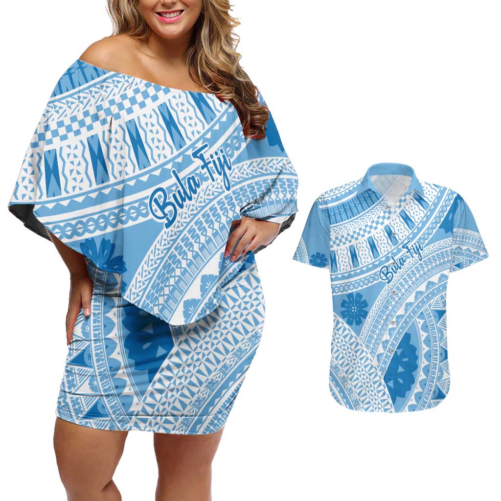 Bula Fiji Classic Masi Tapa Couples Matching Off Shoulder Short Dress and Hawaiian Shirt Turquoise LT7 Turquoise - Polynesian Pride