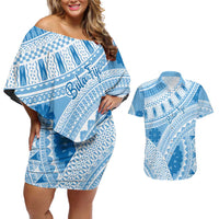 Bula Fiji Classic Masi Tapa Couples Matching Off Shoulder Short Dress and Hawaiian Shirt Turquoise LT7 Turquoise - Polynesian Pride