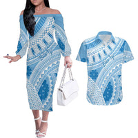 Bula Fiji Classic Masi Tapa Couples Matching Off The Shoulder Long Sleeve Dress and Hawaiian Shirt Turquoise LT7 Turquoise - Polynesian Pride