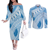 Bula Fiji Classic Masi Tapa Couples Matching Off The Shoulder Long Sleeve Dress and Long Sleeve Button Shirt Turquoise LT7 Turquoise - Polynesian Pride