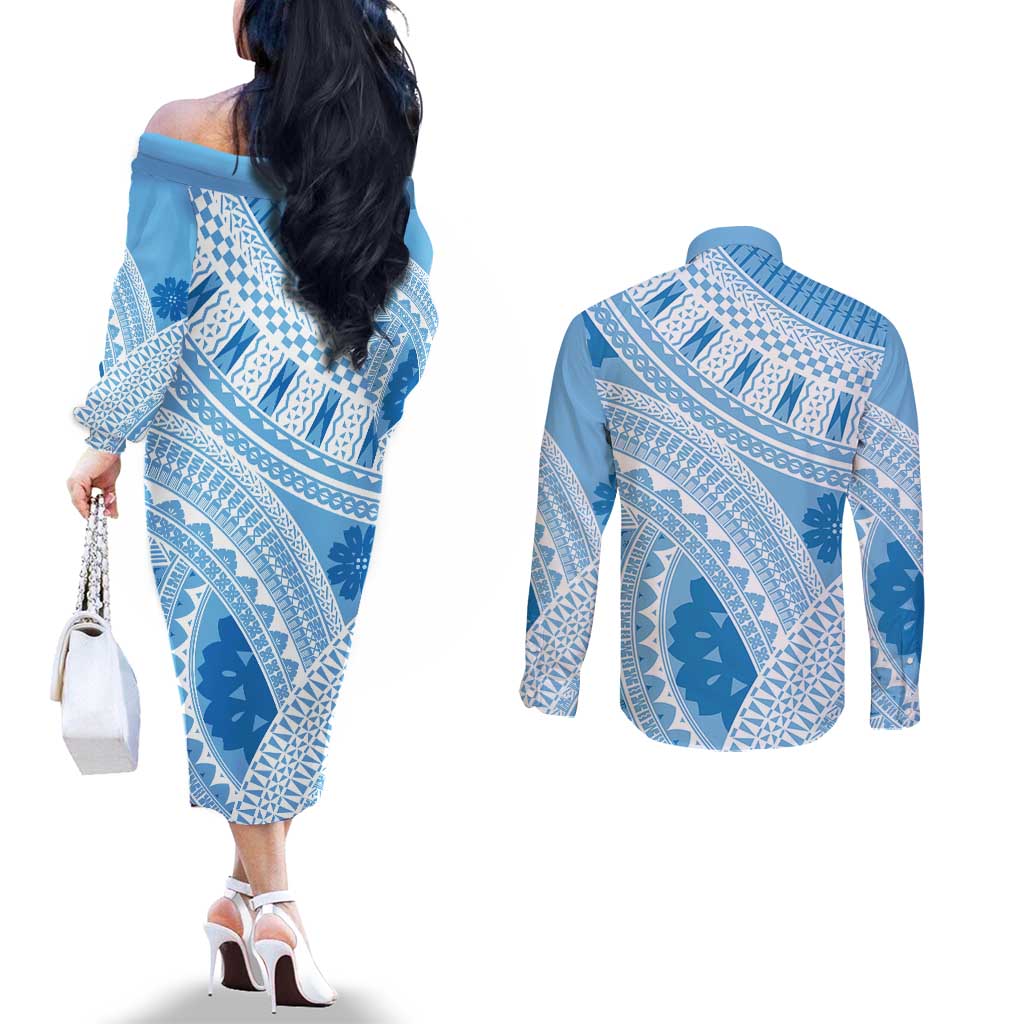 Bula Fiji Classic Masi Tapa Couples Matching Off The Shoulder Long Sleeve Dress and Long Sleeve Button Shirt Turquoise LT7 - Polynesian Pride