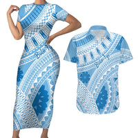 Bula Fiji Classic Masi Tapa Couples Matching Short Sleeve Bodycon Dress and Hawaiian Shirt Turquoise LT7 Turquoise - Polynesian Pride