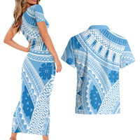 Bula Fiji Classic Masi Tapa Couples Matching Short Sleeve Bodycon Dress and Hawaiian Shirt Turquoise LT7 - Polynesian Pride