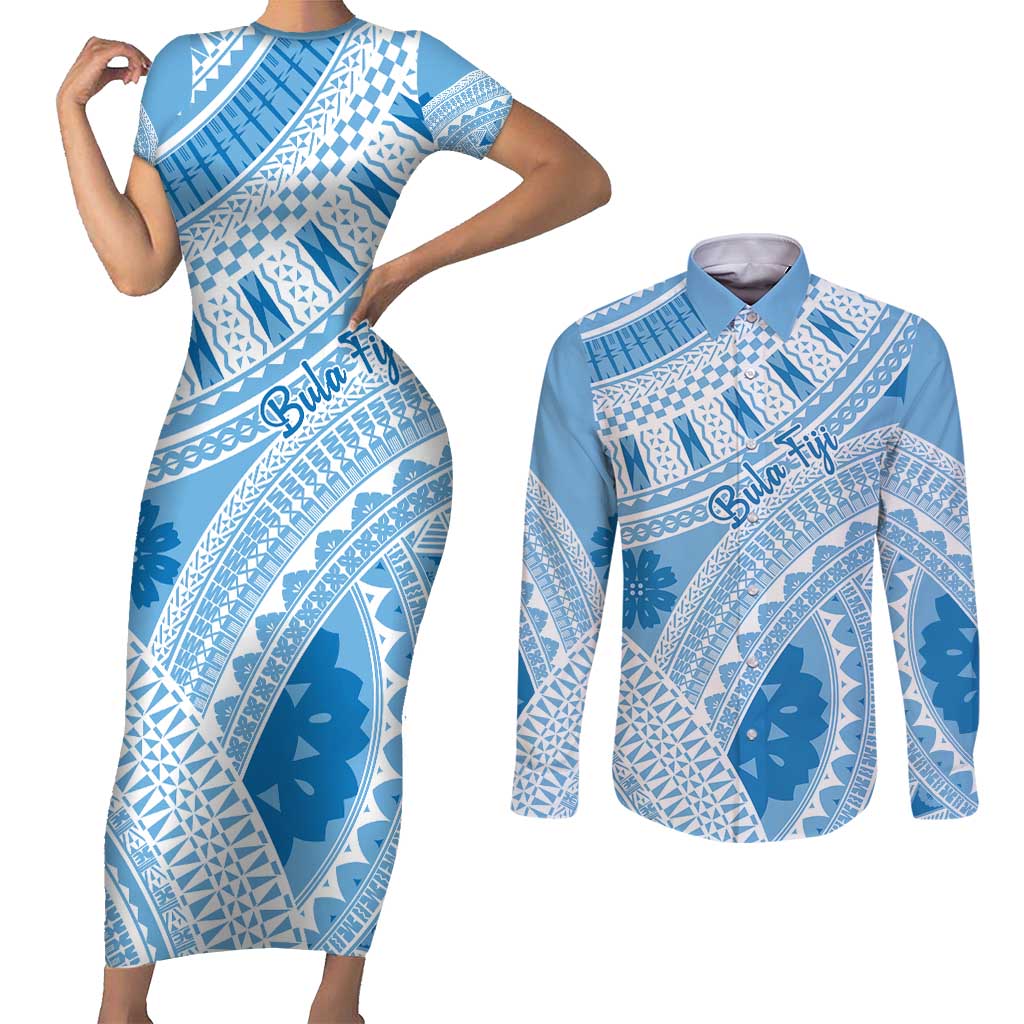 Bula Fiji Classic Masi Tapa Couples Matching Short Sleeve Bodycon Dress and Long Sleeve Button Shirt Turquoise LT7 Turquoise - Polynesian Pride