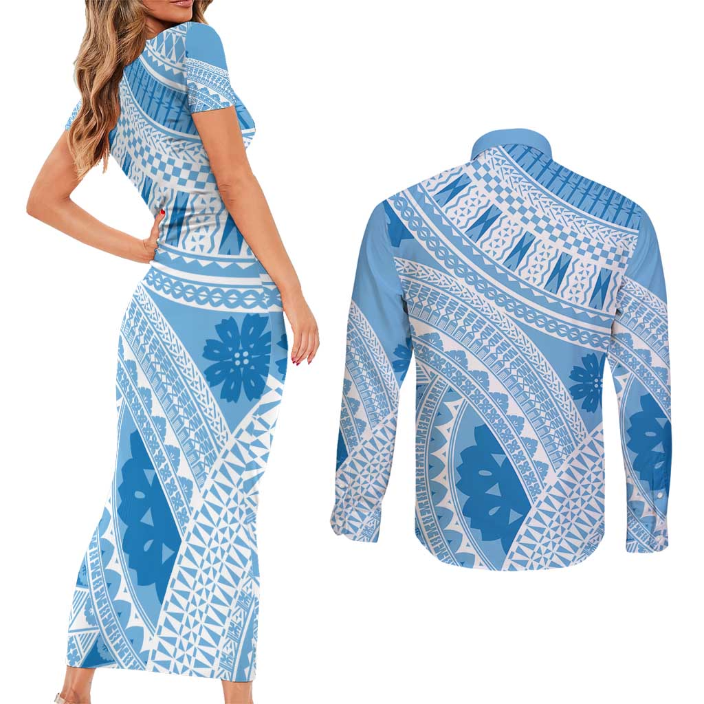 Bula Fiji Classic Masi Tapa Couples Matching Short Sleeve Bodycon Dress and Long Sleeve Button Shirt Turquoise LT7 - Polynesian Pride