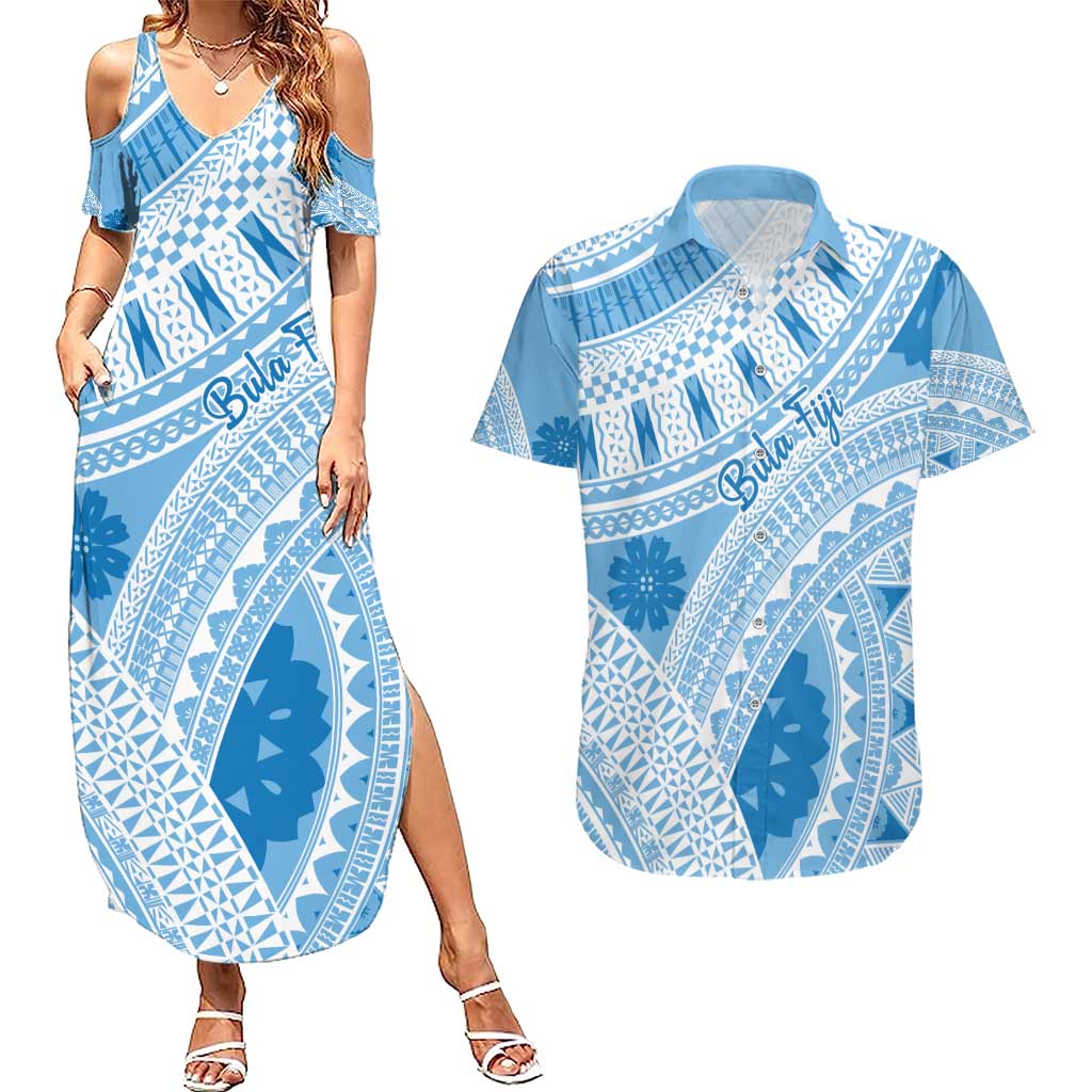 Bula Fiji Classic Masi Tapa Couples Matching Summer Maxi Dress and Hawaiian Shirt Turquoise LT7 Turquoise - Polynesian Pride