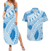 Bula Fiji Classic Masi Tapa Couples Matching Summer Maxi Dress and Hawaiian Shirt Turquoise LT7 Turquoise - Polynesian Pride