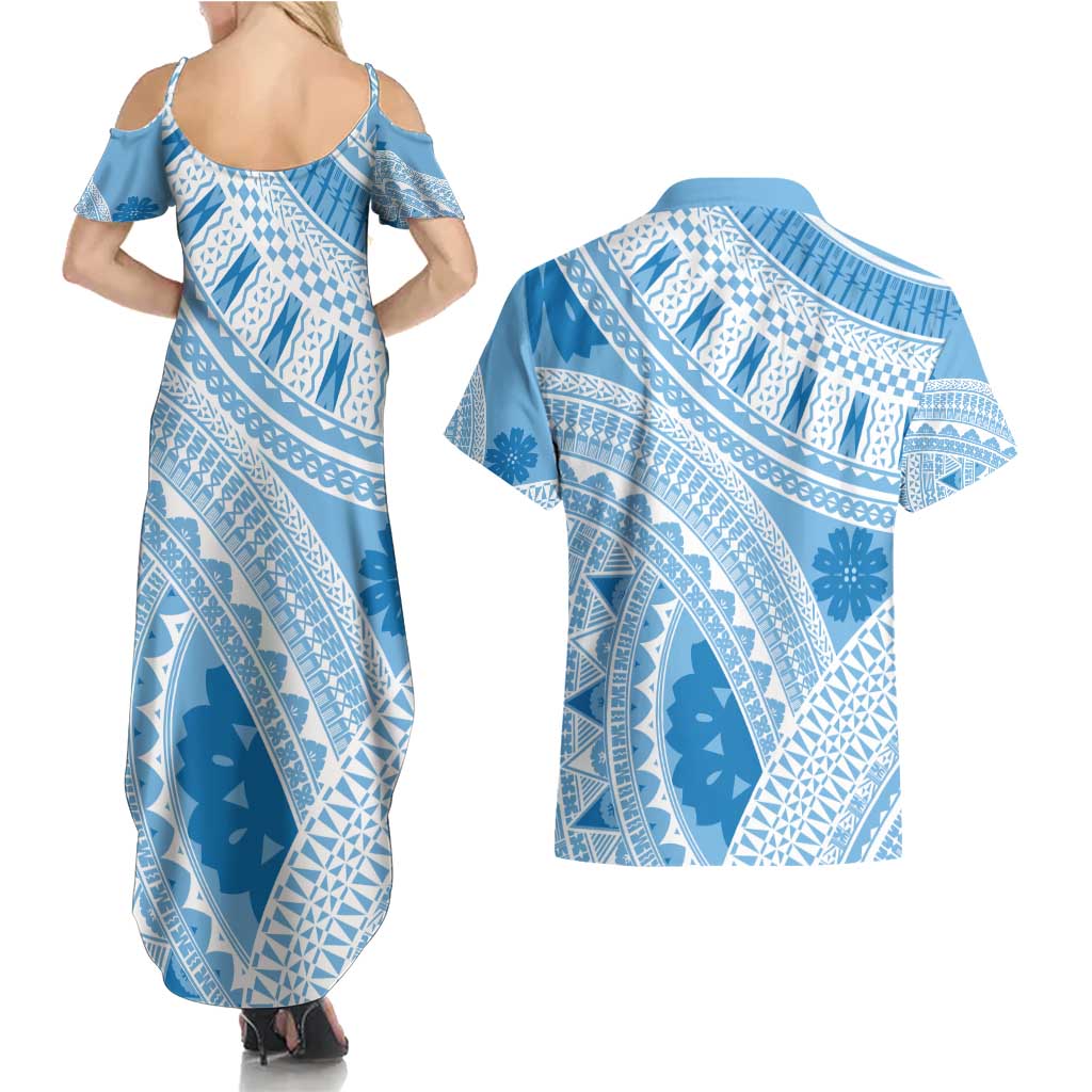 Bula Fiji Classic Masi Tapa Couples Matching Summer Maxi Dress and Hawaiian Shirt Turquoise LT7 - Polynesian Pride