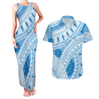 Bula Fiji Classic Masi Tapa Couples Matching Tank Maxi Dress and Hawaiian Shirt Turquoise LT7 Turquoise - Polynesian Pride