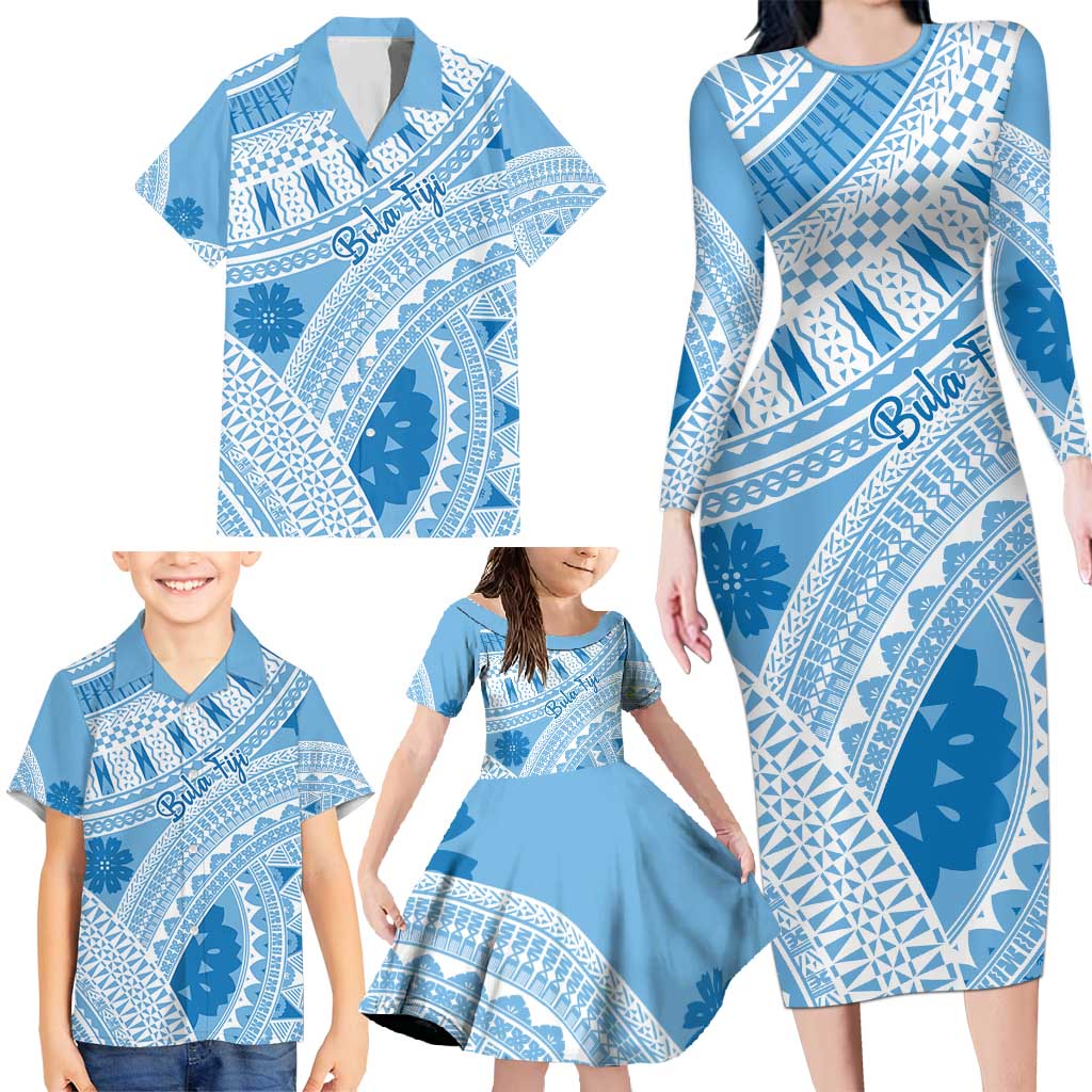 Bula Fiji Classic Masi Tapa Family Matching Long Sleeve Bodycon Dress and Hawaiian Shirt Turquoise LT7 - Polynesian Pride