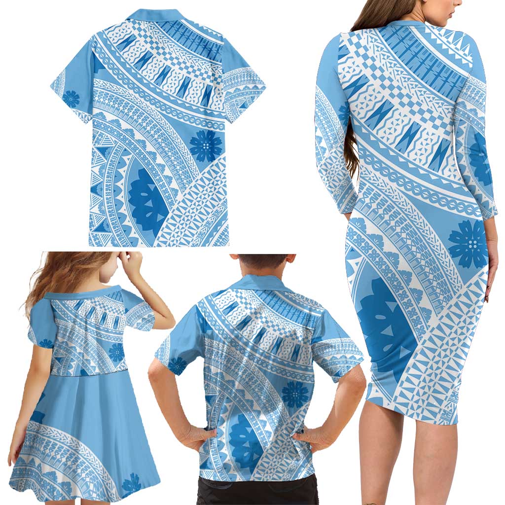 Bula Fiji Classic Masi Tapa Family Matching Long Sleeve Bodycon Dress and Hawaiian Shirt Turquoise LT7 - Polynesian Pride