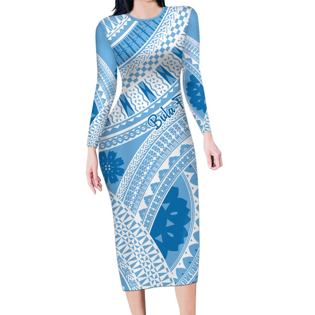 Bula Fiji Classic Masi Tapa Family Matching Long Sleeve Bodycon Dress and Hawaiian Shirt Turquoise LT7 Mom's Dress Turquoise - Polynesian Pride
