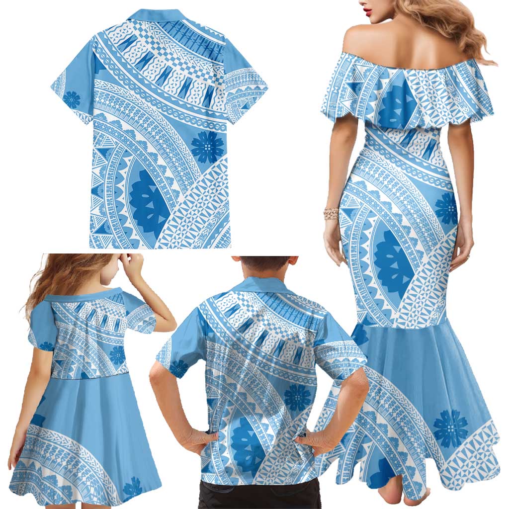 Bula Fiji Classic Masi Tapa Family Matching Mermaid Dress and Hawaiian Shirt Turquoise LT7 - Polynesian Pride
