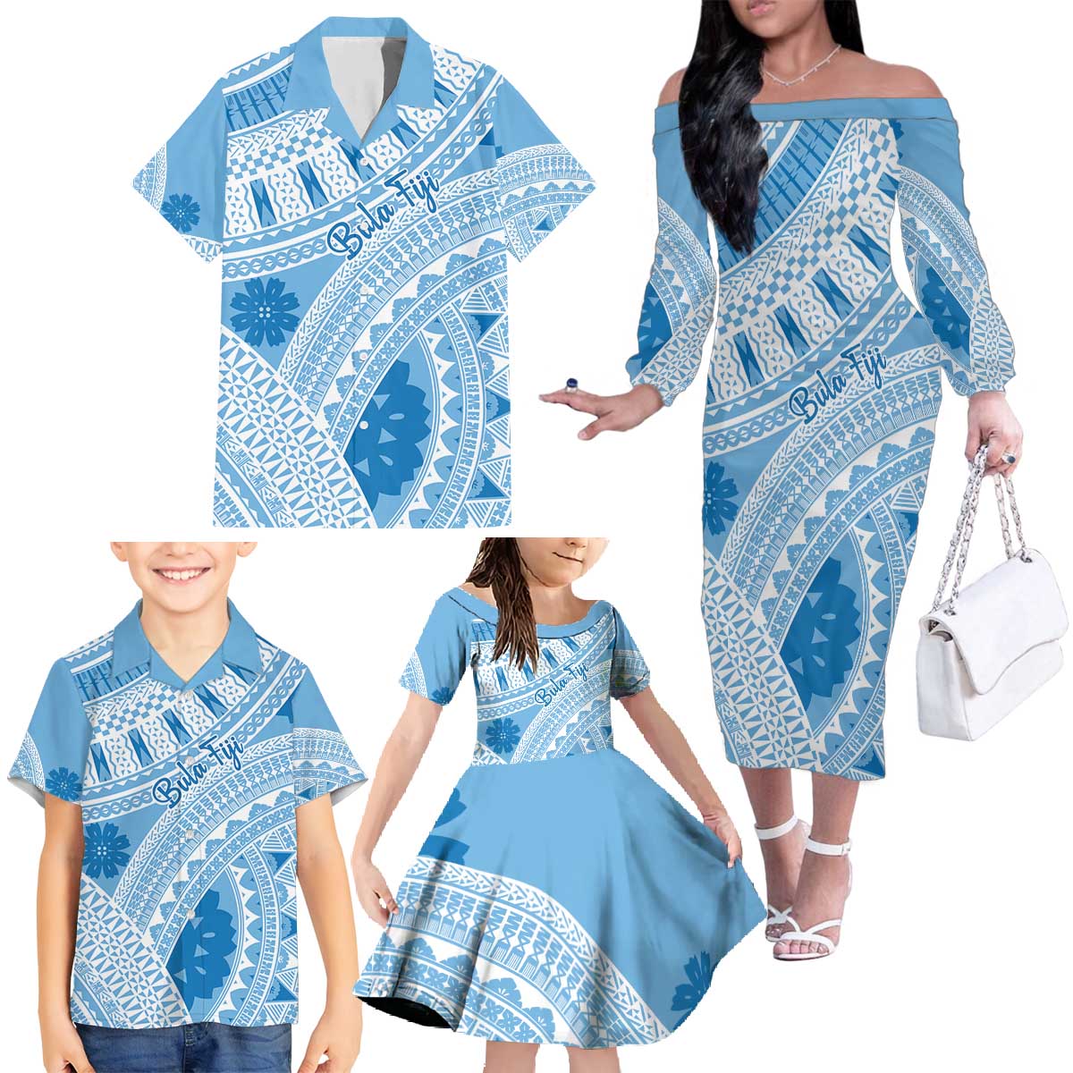 Bula Fiji Classic Masi Tapa Family Matching Off The Shoulder Long Sleeve Dress and Hawaiian Shirt Turquoise LT7 - Polynesian Pride