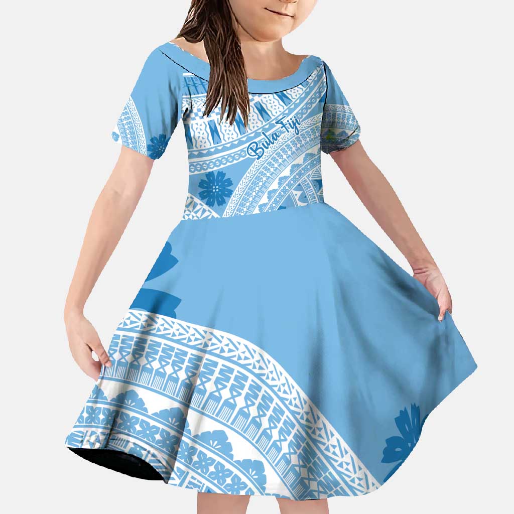 Bula Fiji Classic Masi Tapa Family Matching Off Shoulder Maxi Dress and Hawaiian Shirt Turquoise LT7 Daughter's Dress Turquoise - Polynesian Pride