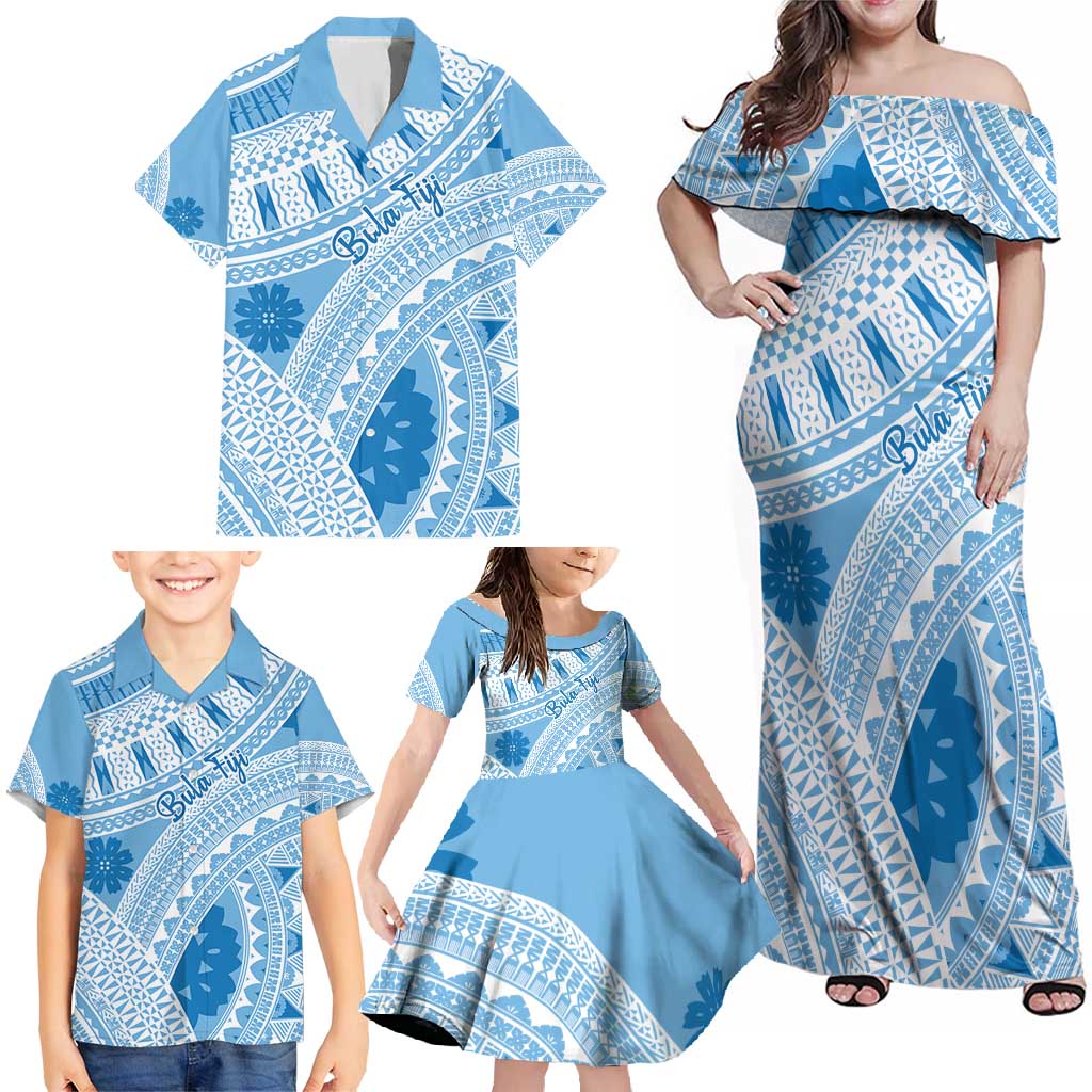 Bula Fiji Classic Masi Tapa Family Matching Off Shoulder Maxi Dress and Hawaiian Shirt Turquoise LT7 - Polynesian Pride