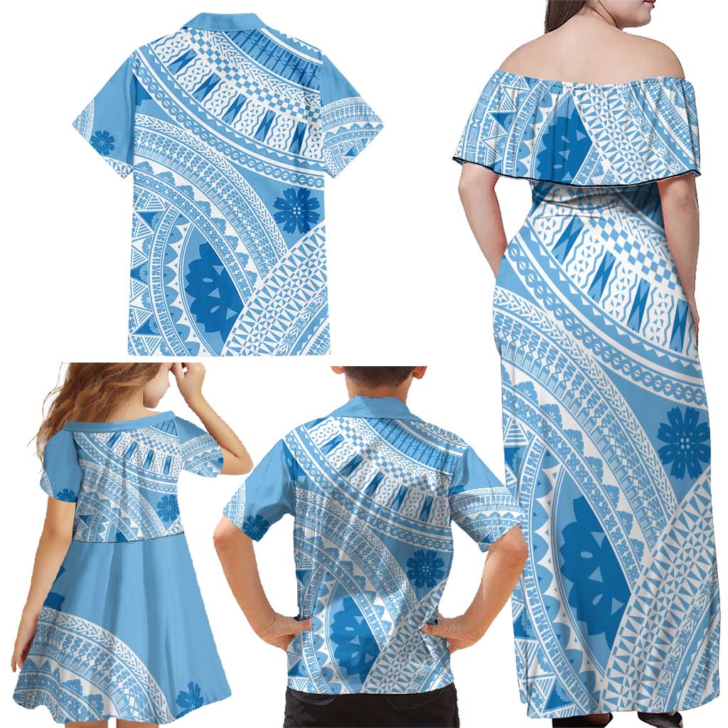 Bula Fiji Classic Masi Tapa Family Matching Off Shoulder Maxi Dress and Hawaiian Shirt Turquoise LT7 - Polynesian Pride