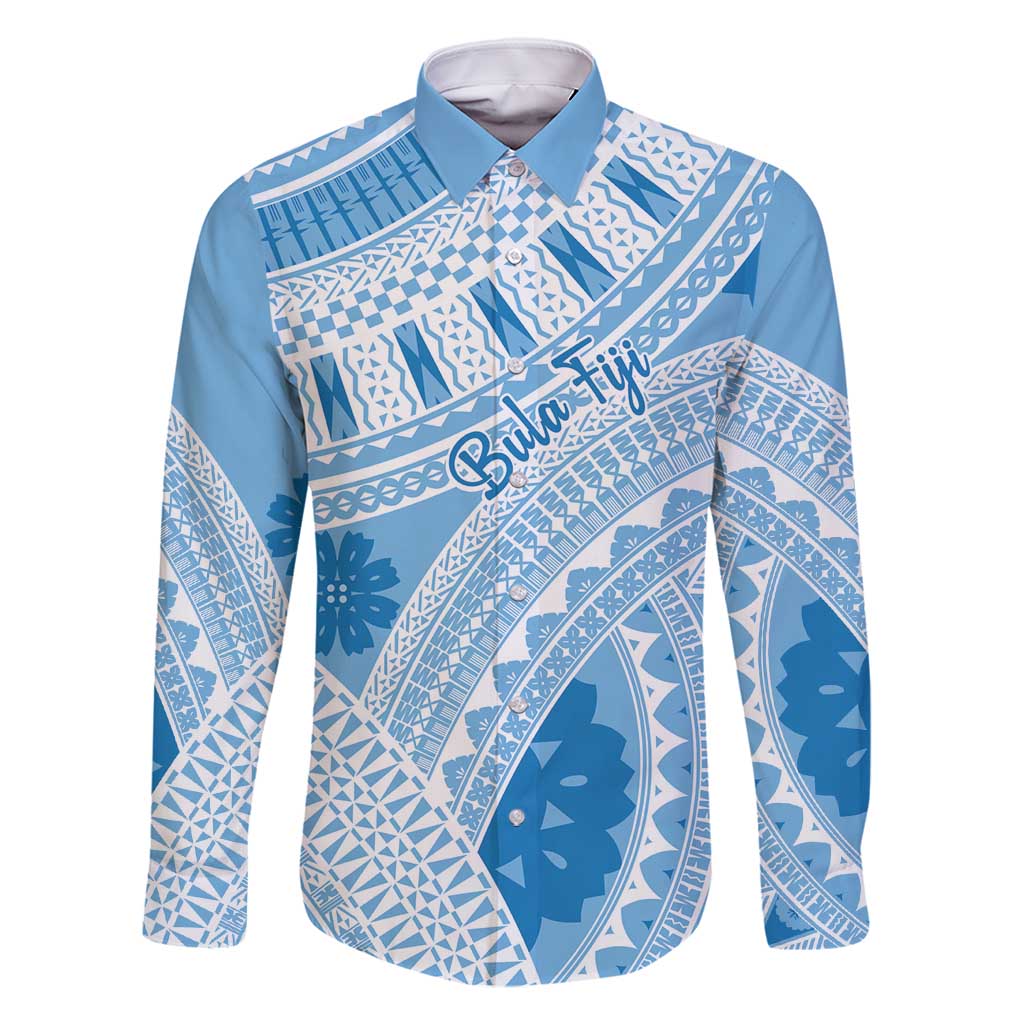 Bula Fiji Classic Masi Tapa Family Matching Off Shoulder Maxi Dress and Hawaiian Shirt Turquoise LT7 Dad's Shirt - Long Sleeve Turquoise - Polynesian Pride