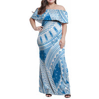 Bula Fiji Classic Masi Tapa Family Matching Off Shoulder Maxi Dress and Hawaiian Shirt Turquoise LT7 Mom's Dress Turquoise - Polynesian Pride