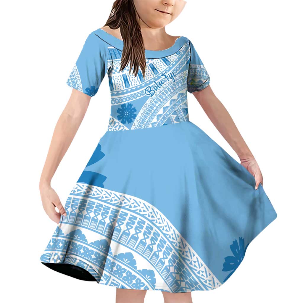 Bula Fiji Classic Masi Tapa Family Matching Off Shoulder Short Dress and Hawaiian Shirt Turquoise LT7 Daughter's Dress Turquoise - Polynesian Pride