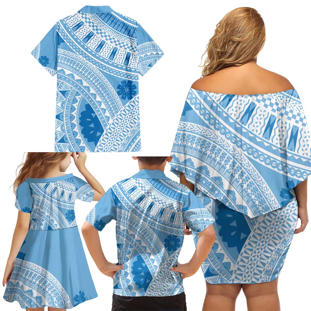 Bula Fiji Classic Masi Tapa Family Matching Off Shoulder Short Dress and Hawaiian Shirt Turquoise LT7 - Polynesian Pride