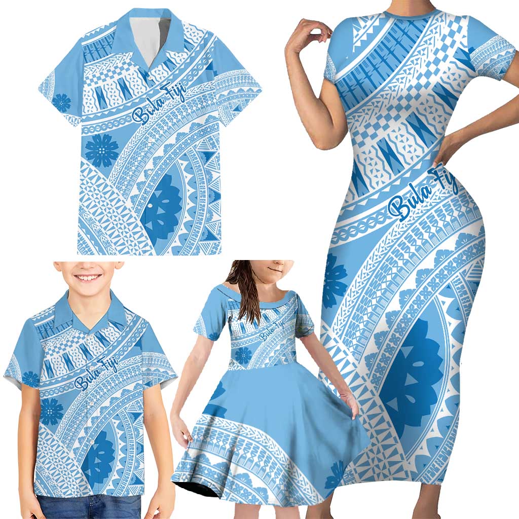 Bula Fiji Classic Masi Tapa Family Matching Short Sleeve Bodycon Dress and Hawaiian Shirt Turquoise LT7 - Polynesian Pride