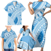 Bula Fiji Classic Masi Tapa Family Matching Short Sleeve Bodycon Dress and Hawaiian Shirt Turquoise LT7 - Polynesian Pride