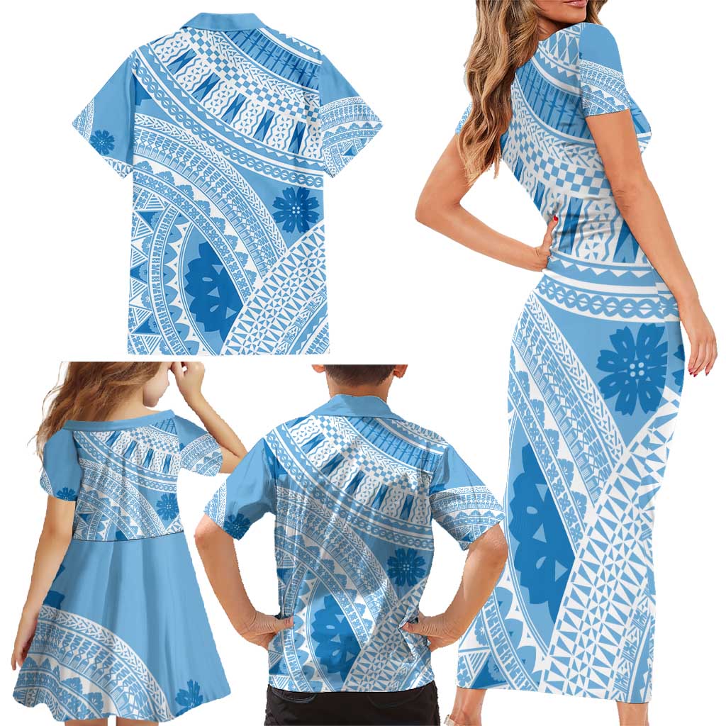 Bula Fiji Classic Masi Tapa Family Matching Short Sleeve Bodycon Dress and Hawaiian Shirt Turquoise LT7 - Polynesian Pride