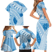 Bula Fiji Classic Masi Tapa Family Matching Short Sleeve Bodycon Dress and Hawaiian Shirt Turquoise LT7 - Polynesian Pride