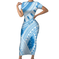Bula Fiji Classic Masi Tapa Family Matching Short Sleeve Bodycon Dress and Hawaiian Shirt Turquoise LT7 Mom's Dress Turquoise - Polynesian Pride