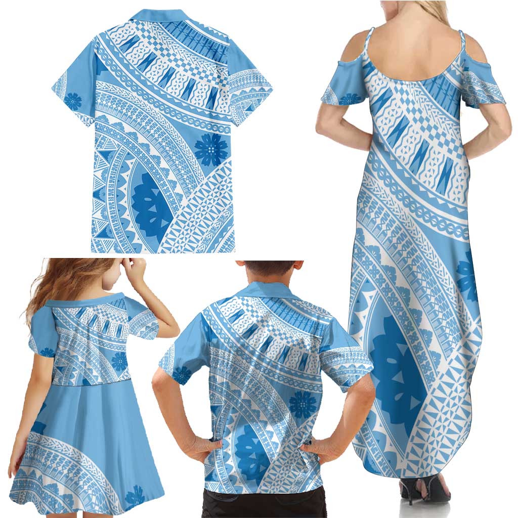 Bula Fiji Classic Masi Tapa Family Matching Summer Maxi Dress and Hawaiian Shirt Turquoise LT7 - Polynesian Pride