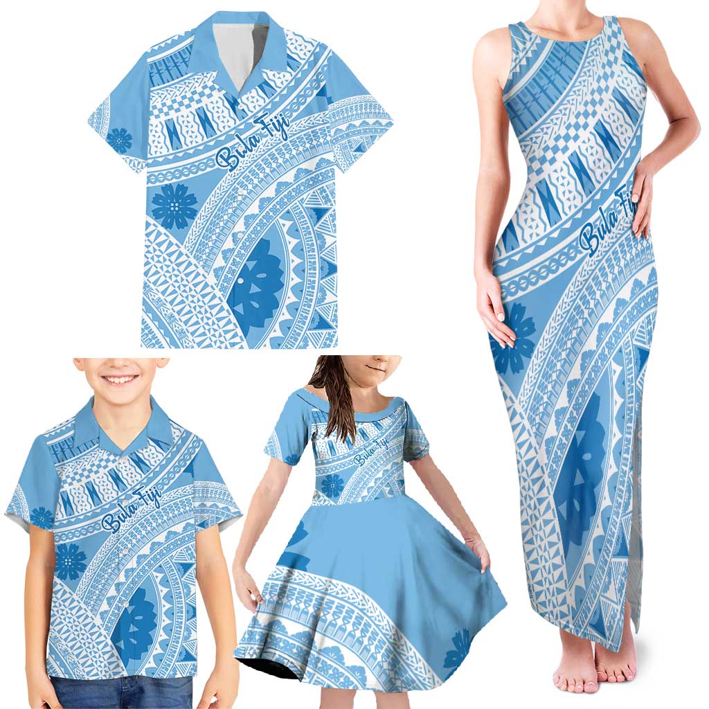 Bula Fiji Classic Masi Tapa Family Matching Tank Maxi Dress and Hawaiian Shirt Turquoise LT7 - Polynesian Pride
