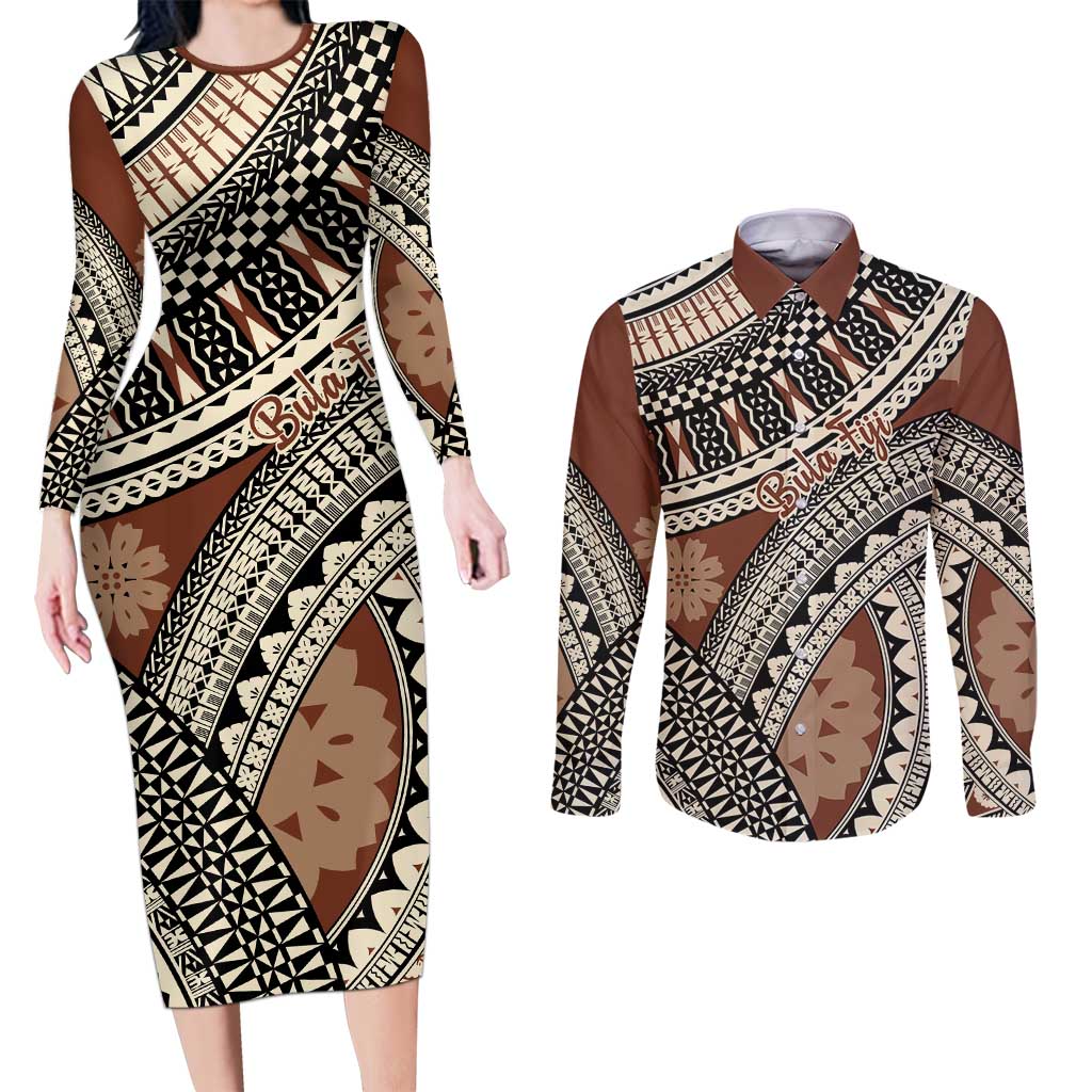 Bula Fiji Classic Masi Tapa Couples Matching Long Sleeve Bodycon Dress and Long Sleeve Button Shirt Vintage Brown LT7 Brown - Polynesian Pride