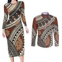 Bula Fiji Classic Masi Tapa Couples Matching Long Sleeve Bodycon Dress and Long Sleeve Button Shirt Vintage Brown LT7 Brown - Polynesian Pride