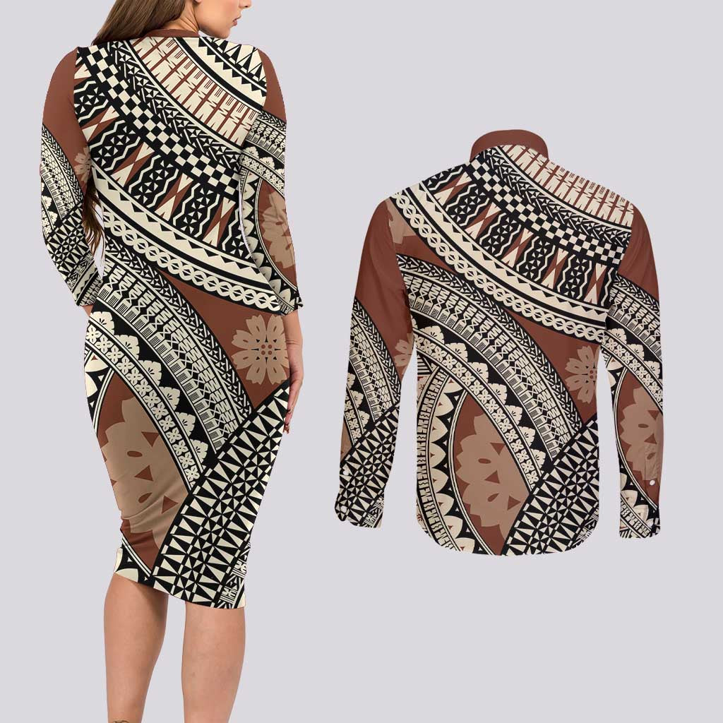 Bula Fiji Classic Masi Tapa Couples Matching Long Sleeve Bodycon Dress and Long Sleeve Button Shirt Vintage Brown LT7 - Polynesian Pride