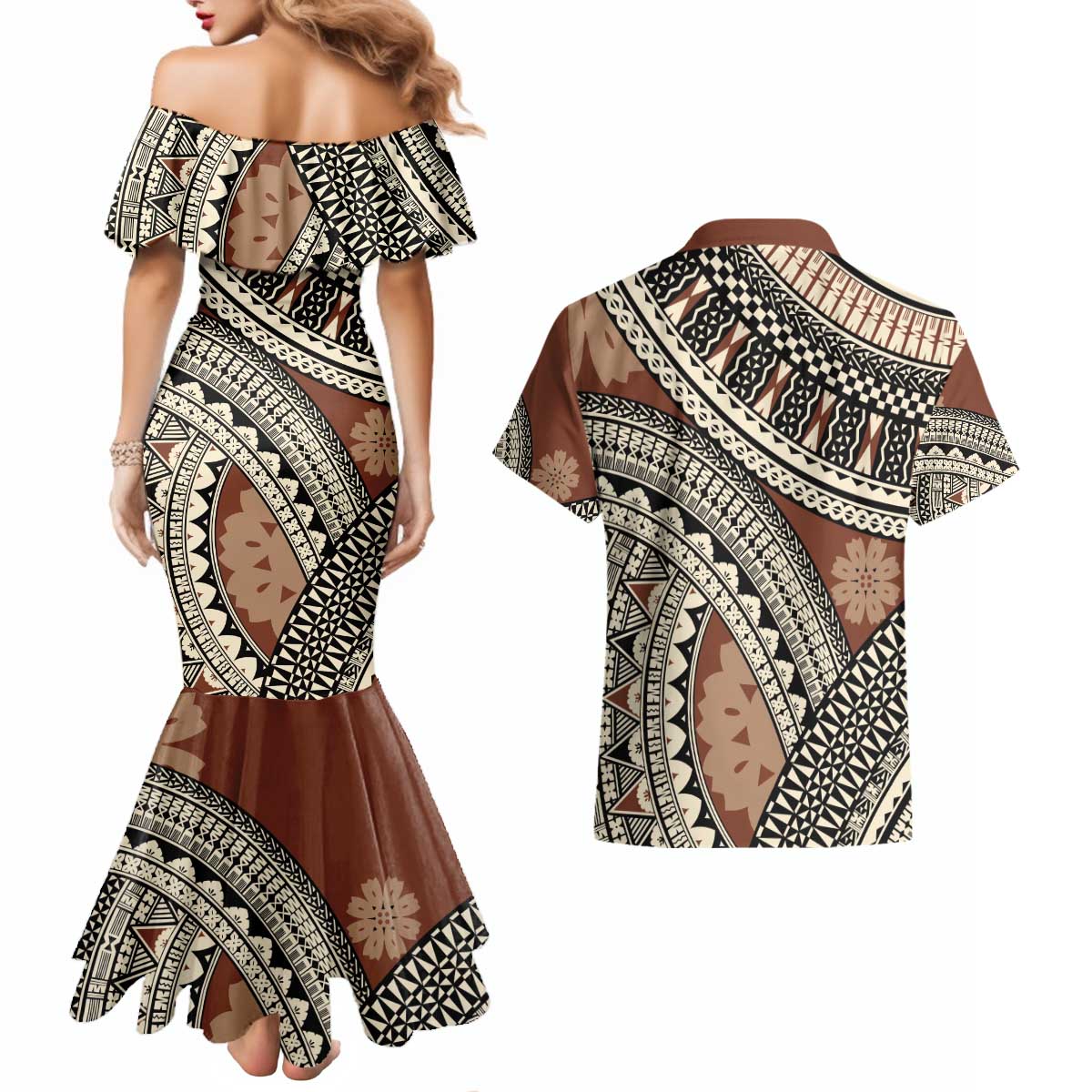 Bula Fiji Classic Masi Tapa Couples Matching Mermaid Dress and Hawaiian Shirt Vintage Brown LT7 - Polynesian Pride