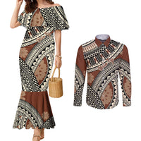 Bula Fiji Classic Masi Tapa Couples Matching Mermaid Dress and Long Sleeve Button Shirt Vintage Brown LT7 Brown - Polynesian Pride