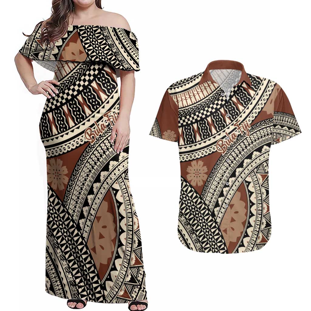 Bula Fiji Classic Masi Tapa Couples Matching Off Shoulder Maxi Dress and Hawaiian Shirt Vintage Brown - Polynesian Pride
