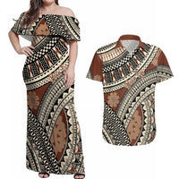 Bula Fiji Classic Masi Tapa Couples Matching Off Shoulder Maxi Dress and Hawaiian Shirt Vintage Brown LT7 Brown - Polynesian Pride