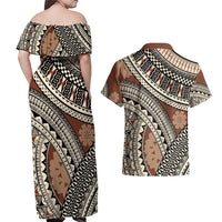 Bula Fiji Classic Masi Tapa Couples Matching Off Shoulder Maxi Dress and Hawaiian Shirt Vintage Brown LT7 - Polynesian Pride