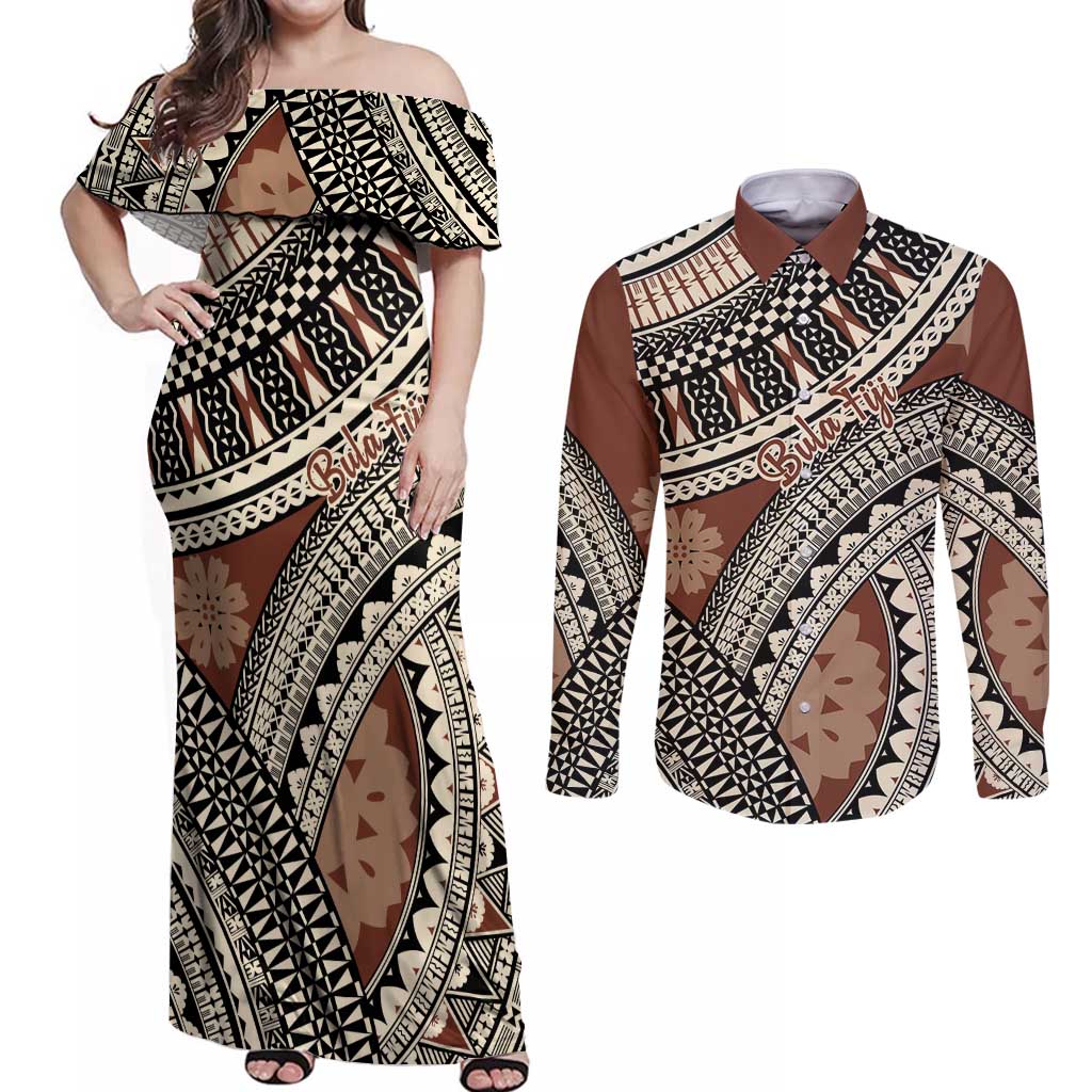 Bula Fiji Classic Masi Tapa Couples Matching Off Shoulder Maxi Dress and Long Sleeve Button Shirt Vintage Brown LT7 Brown - Polynesian Pride