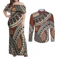 Bula Fiji Classic Masi Tapa Couples Matching Off Shoulder Maxi Dress and Long Sleeve Button Shirt Vintage Brown LT7 Brown - Polynesian Pride