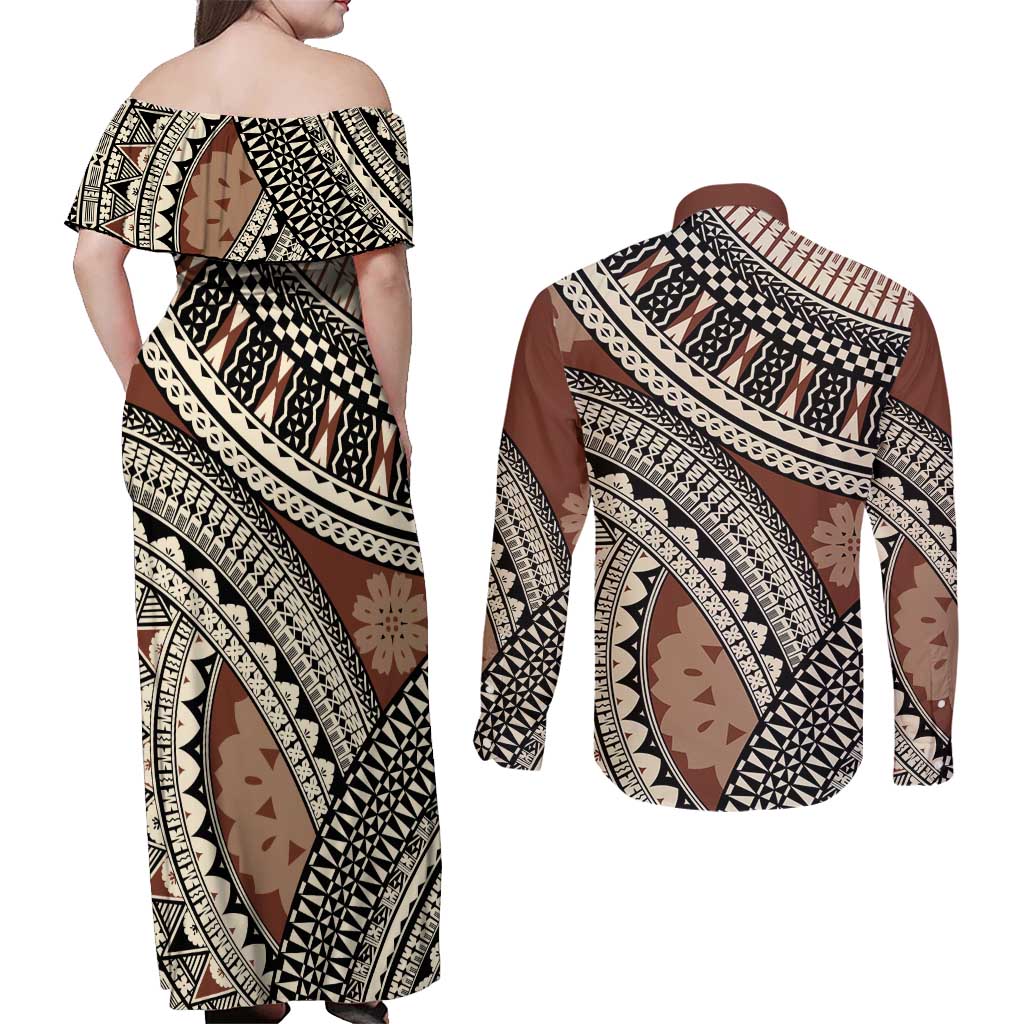 Bula Fiji Classic Masi Tapa Couples Matching Off Shoulder Maxi Dress and Long Sleeve Button Shirt Vintage Brown LT7 - Polynesian Pride