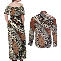 Bula Fiji Classic Masi Tapa Couples Matching Off Shoulder Maxi Dress and Long Sleeve Button Shirt Vintage Brown LT7 - Polynesian Pride