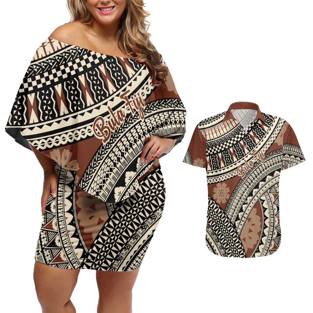 Bula Fiji Classic Masi Tapa Couples Matching Off Shoulder Short Dress and Hawaiian Shirt Vintage Brown LT7 Brown - Polynesian Pride