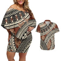 Bula Fiji Classic Masi Tapa Couples Matching Off Shoulder Short Dress and Hawaiian Shirt Vintage Brown LT7 Brown - Polynesian Pride