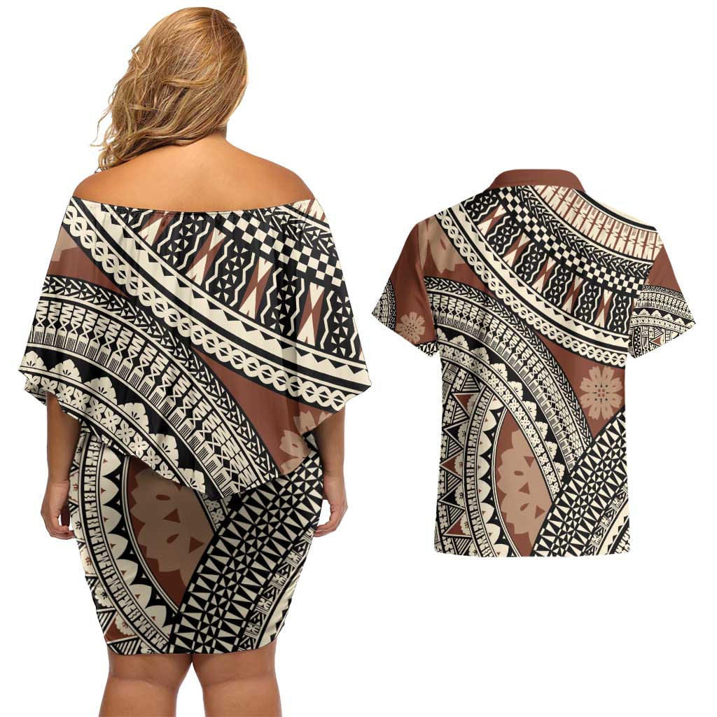 Bula Fiji Classic Masi Tapa Couples Matching Off Shoulder Short Dress and Hawaiian Shirt Vintage Brown LT7 - Polynesian Pride
